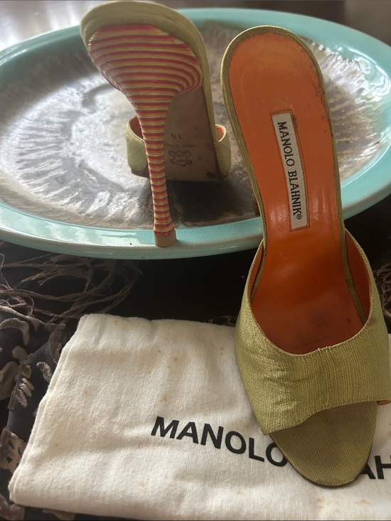 Manolo Blahnik Shoes - Manolo Blahnik Chartreuse Linen Open-Toe Mule with Striped Heel
